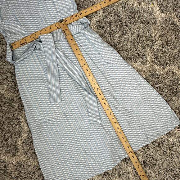 Storee Blue White Stripe Button Front Tie Waist Plunging Midi Flutter Dress S - Picture 11 of 11